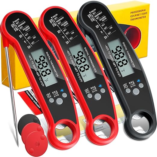 Leelosp 3 Pcs Digital Meat Thermometer with Probe Waterproof Fast Read Food Thermometer Kitchen Grilling Cooking with Backlight Magnet and Calibration for Baking BBQ(Red, Black)