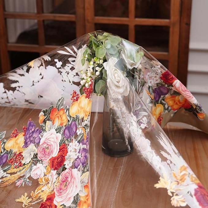 Clear Table Cover Protector Vinyl PVC Round Table Cloth with Floral Fruit Pattern Oil Spill Proof Plastic Tablecloths for Dining Tables Parties Holidays (Floral Fruit, 55 Inches Round)