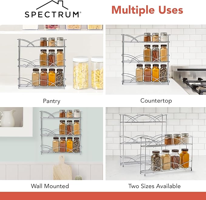 Spectrum Diversified 3-Tier Spice Rack Shelf Organizer for Kitchen Countertop, Pantry, Bathroom, or Closet with Optional Wall Mount, Black