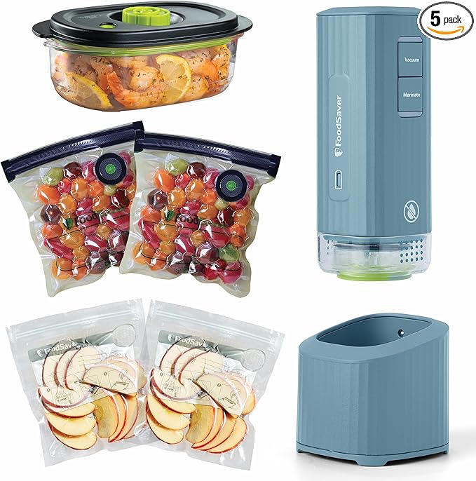 FoodSaver Mini Handheld Vacuum Sealer Machine with Marinate Setting & Charging Dock | Cordless Food Vacuum Sealer for Freezer, Storage, Sous Vide, Meal Prep | Blue