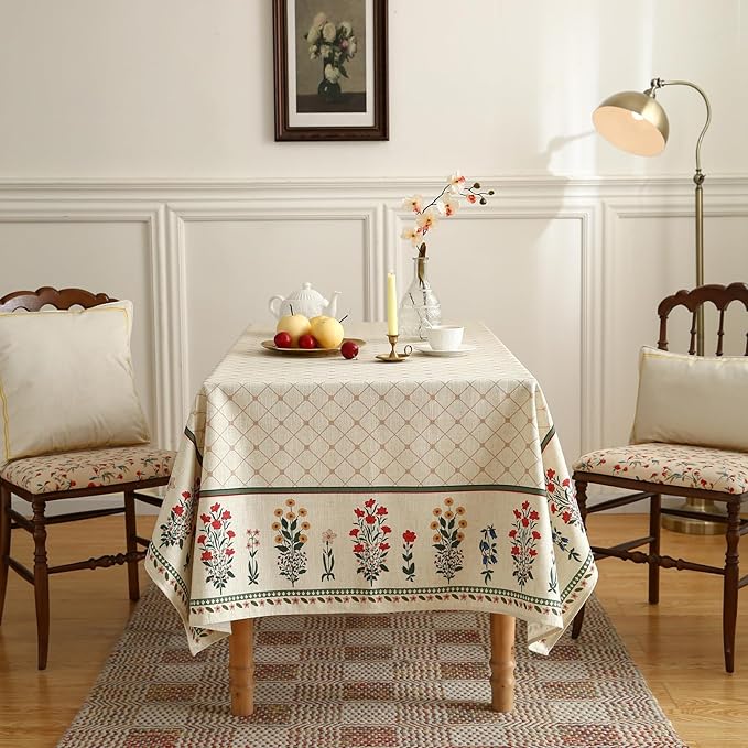 ISAENNE Designer Vintage Linen Floral Extra Long Rectangle Tablecloth,Fall Colorful Modern Table Cloth,Anti-Wrinkle Decor Tablecloths for Dining Thanksgiving Kitchen Christmas,63"*110"-Bertina E