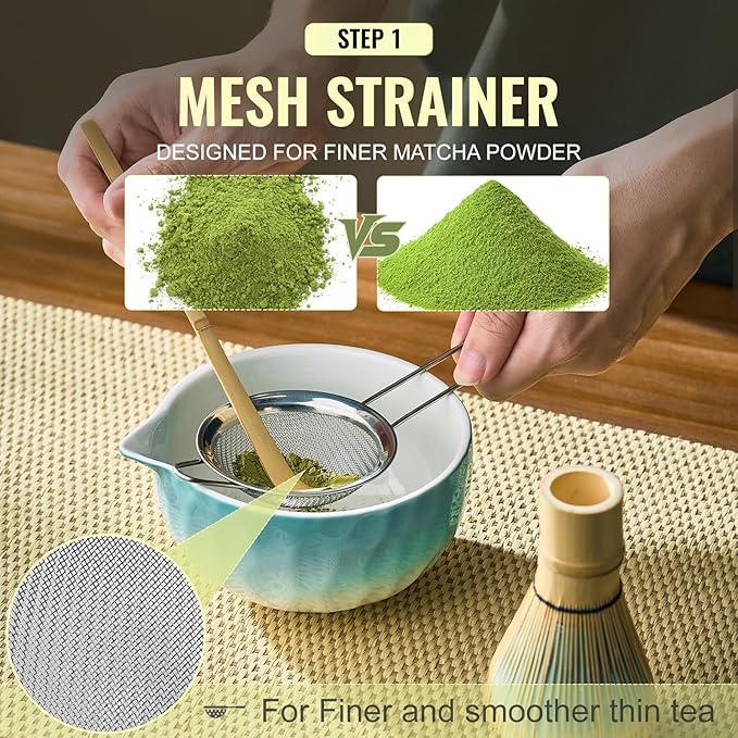 Matcha Whisk Set, 5Pcs Matcha Set Blue, Matcha Kit with Matcha Bowl, Matcha Whisk and Holder, Bamboo Scoop, Macha Sifter, Macha Tea Set for Macha Lovers, Tea Enthusiasts, Christmas, Breakfast,Latte