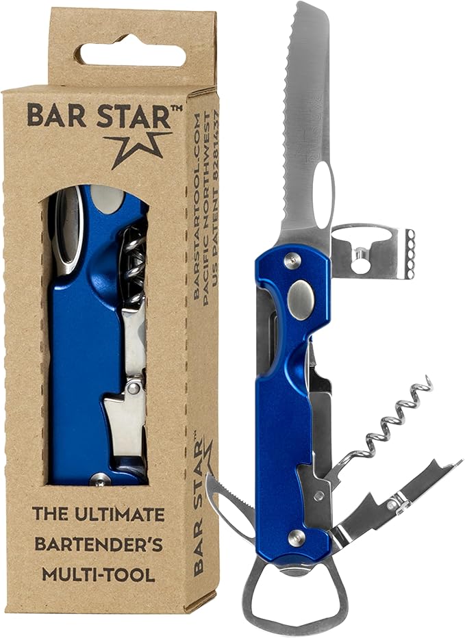 Bartender's All-in-One Bar Tool Set: Corkscrew, Zester, Citrus Knife and Bottle Opener Kit with Magnet for Picnics, Tailgating, BBQs, Camping, Travel, Beach Parties and Bartending, Blue