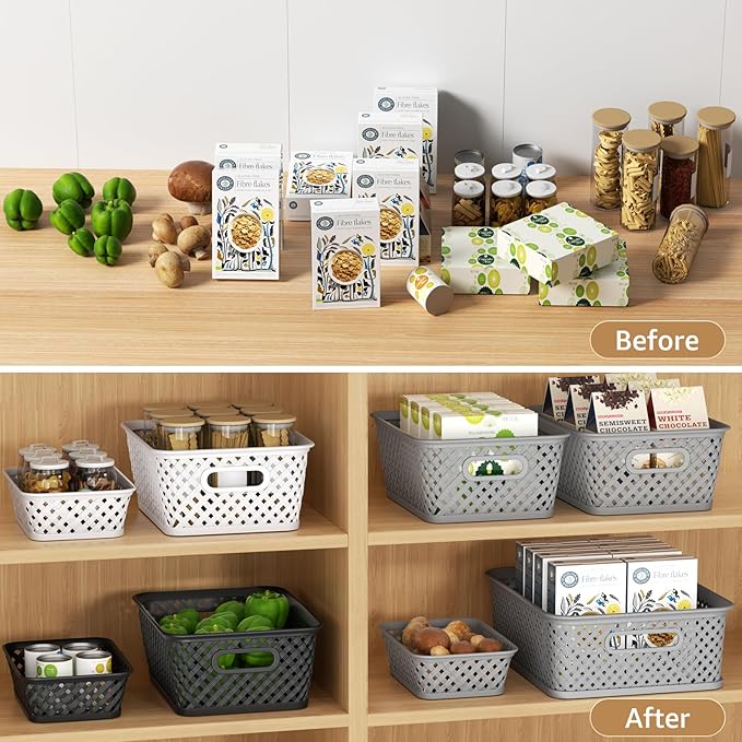 MaxGear Organization and Storage 3 Packs, Plastic Bins Organizer Bins, Woven Baskets for Storage, Plastic Baskets with Handles, White Basket for Organizing, Basket Organizer for Home and Office, Small