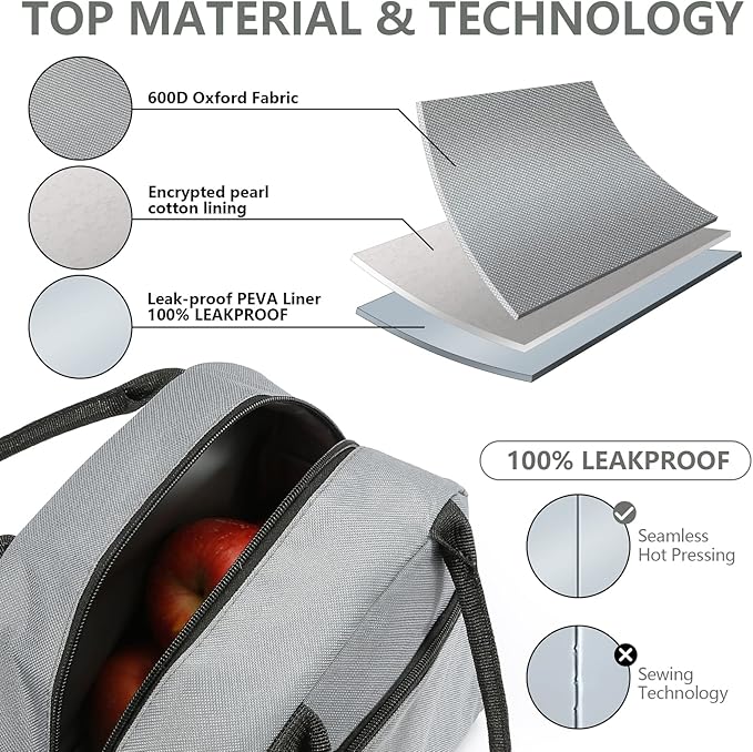 Lunch Bag Women Insulated Lunch Bag For Men Waterproof Lunch Cooler Bag Insulated Lunch Box For Women Portable Reusable Lunch Bag Two-Tone,With Adjustable Shoulder Strap For Many Occasions,Gray-black