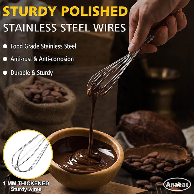 Anaeat Small Wire Whisk Set of 2, Portable Stainless Steel Kitchen Tiny Whisk & Egg Beater with Thick Wire - Sturdy Mini Mixing Balloon for Cooking, Blending, Whiping, Beating and Stirring (6" + 8")