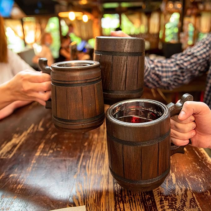 Set of 6 Beer Mug 20 OZ - Tankard Mug - Beer stein - Wooden beer mug - Stainless Steel Cup - Handmade Gifts for Men - Fathers Day, Christmas or Birthday Gift Idea - Retro Brown