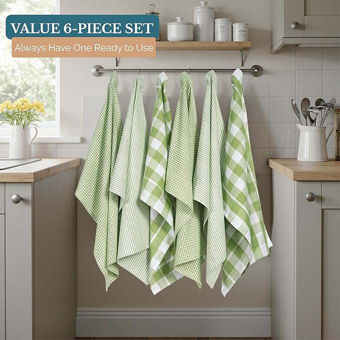 Casa Platino Kitchen Towels Cotton and Kitchen Dish Towels – Soft Cotton Set of 8 with Coordinated Patterns – Inviting Tones for Baking and Everyday Spills – Sage Green
