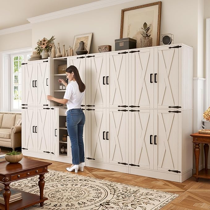 Unikito Kitchen Pantry Cabinet with Farmhouse Barn Doors and Storage Drawer, 8 Adjustable Shelves, Freestanding Tall 71" Cupboard for Dining Room, Living Room, Utility Room, White, 2 Pack