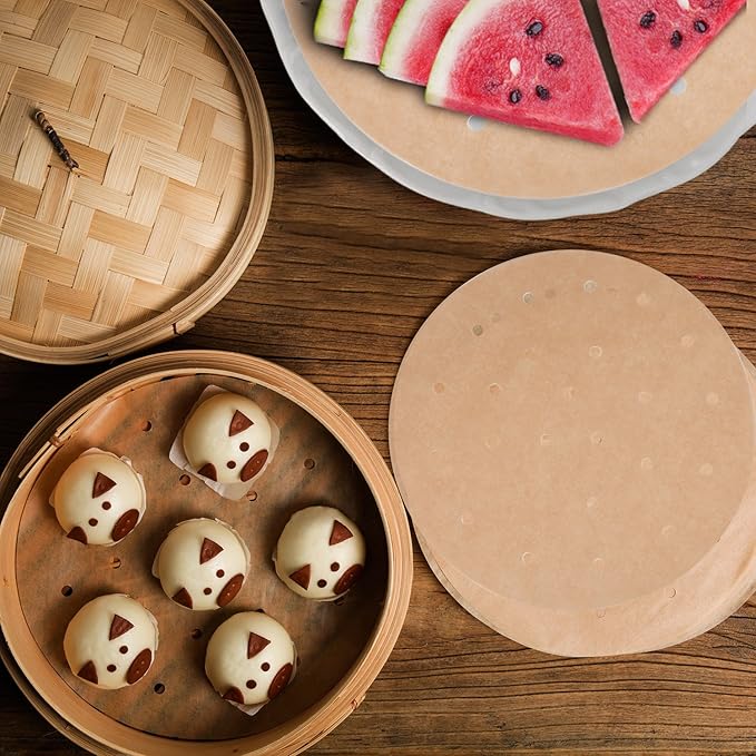 100pcs Unbleached Air Fryer Liners, 9inch Bamboo Steamer Liners, Vancens Premium Perforated Parchment Steaming Paper Rounds, Non-stick Steamer Mat, Perfect for 5.3 & 5.8 QT Air Fryers/Baking/Cooking