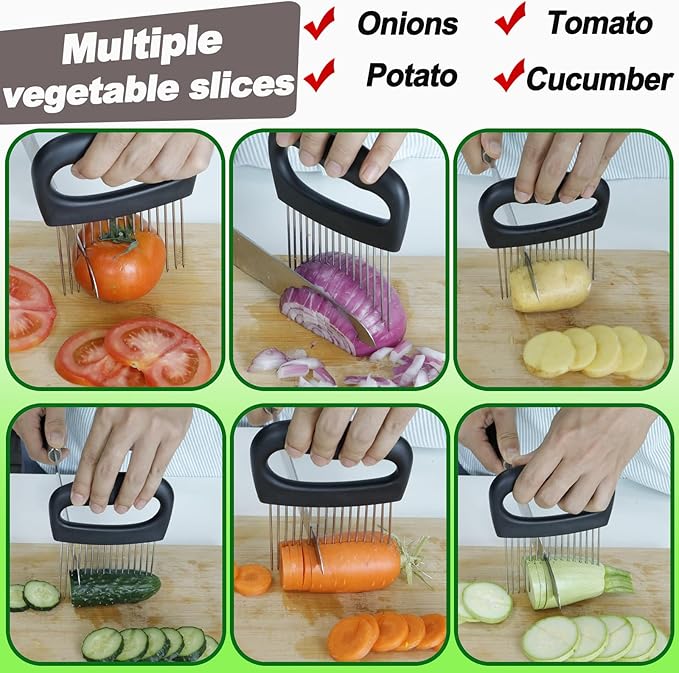 NOVANO Large Onion Slicer & Meat Tenderizer,Kitchen Cooking Tool for Tenderizing, Onion Cutter Vegetable Chopper, Stainless Steel Tomato Slicer with 16 Long Needles, for Potato Lemon