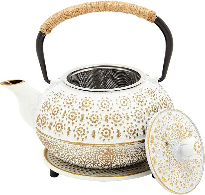 Juvale Stovetop Cast Iron Tea Kettle with Infuser - Superior Heat Retention Loose Leaf Tea Pot - Built-In Teapot with Strainer - Includes Trivet & Infuser Kettle - White, 27 Oz (800 ml)