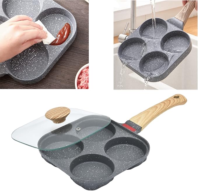 4-Cup Aluminum Nonstick Egg Pan with Lid, Suitable for Gas Stove & Induction Cookware