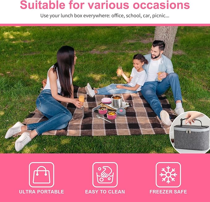 Lille Home Portable Insulated Lunch Box Set with Stainless Steel Cutlery, vacuum lunch box, to Keep Food Warm or Cool, Two Containers for Fruits and Sauces, Durable and Leak-Proof(Pink)