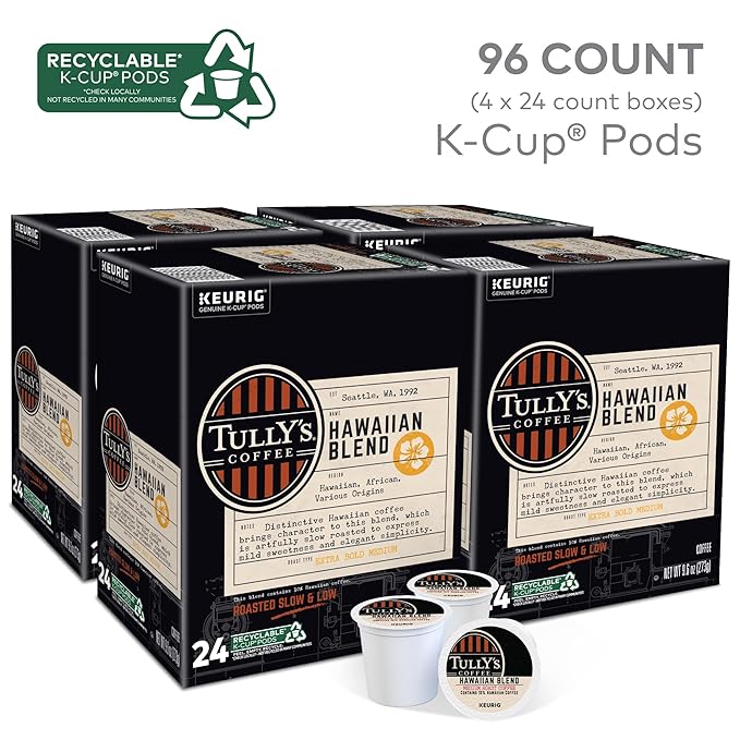 Tully's Coffee Hawaiian Blend Keurig Single-Serve K-Cup Pods, Medium Roast Coffee, 96 Count