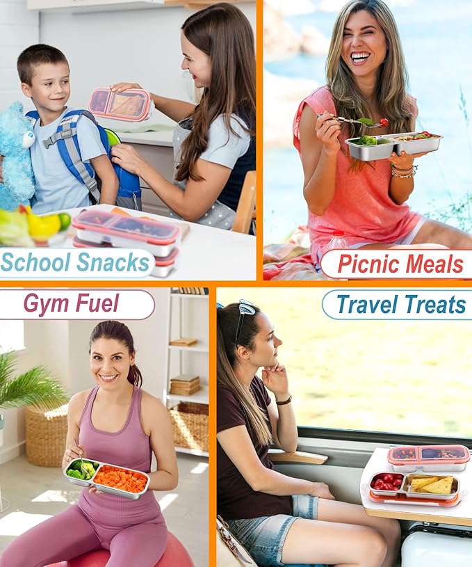 5 Pack Stainless Steel Snack Containers for Kids & Adults - Leek Proof Metal Bento Lunch Box with 2 Compartment - Lunchable Containers for Daycare, School, Work, Travel - Stackable Snack Bento Box