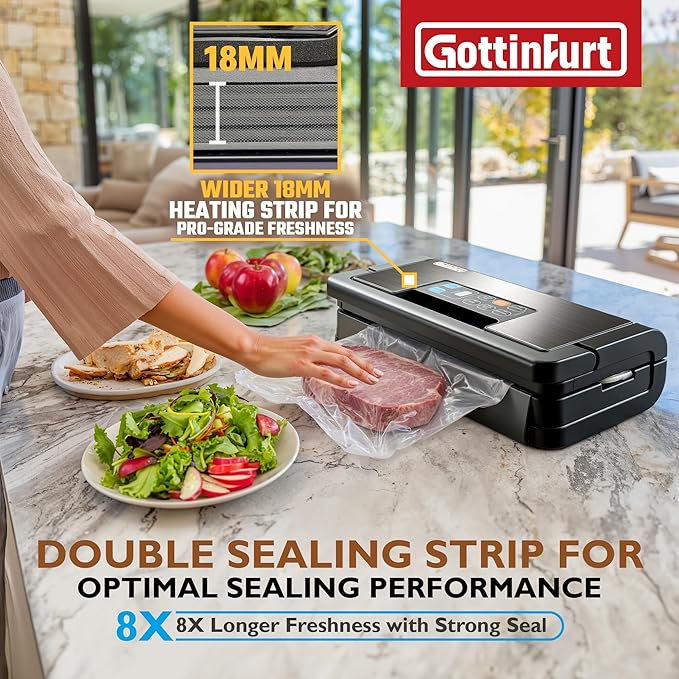 Upgraded Food Vacuum Sealer Machine 95Kpa, 10-in-1 Food Sealer Vacuum with Double Heat Seal for Dry/Moist Food, Handle-Ease Design, Vacuum Sealer Machine for Food Commercial Grade, Black