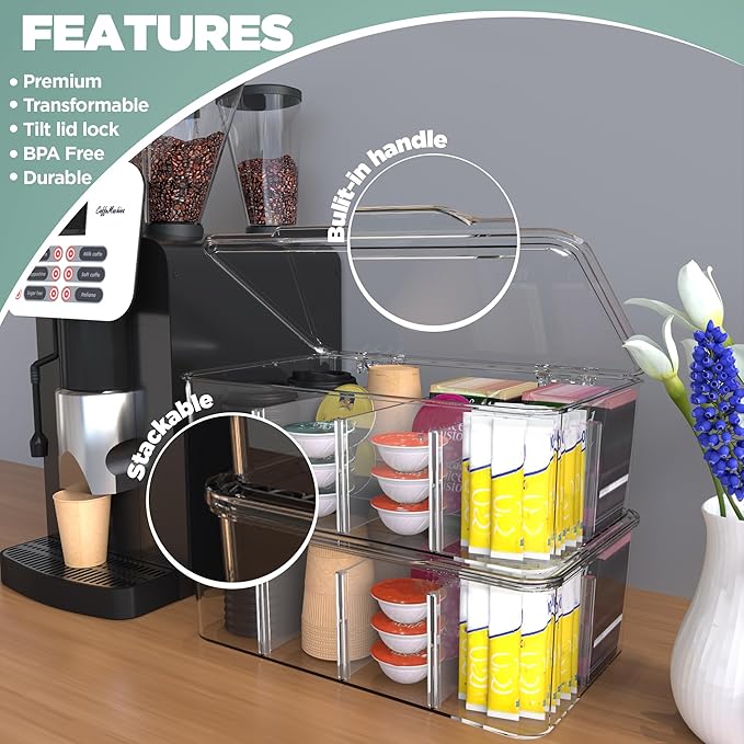 Utopia Home - Tea Bag Organizer With Lids, (2 Pack) Clear Pantry Storage Box - Stackable Partition Organizers or Holder With Lids For Drawers, Countertops, Fridge, Kitchen, Snack & Spice Organization