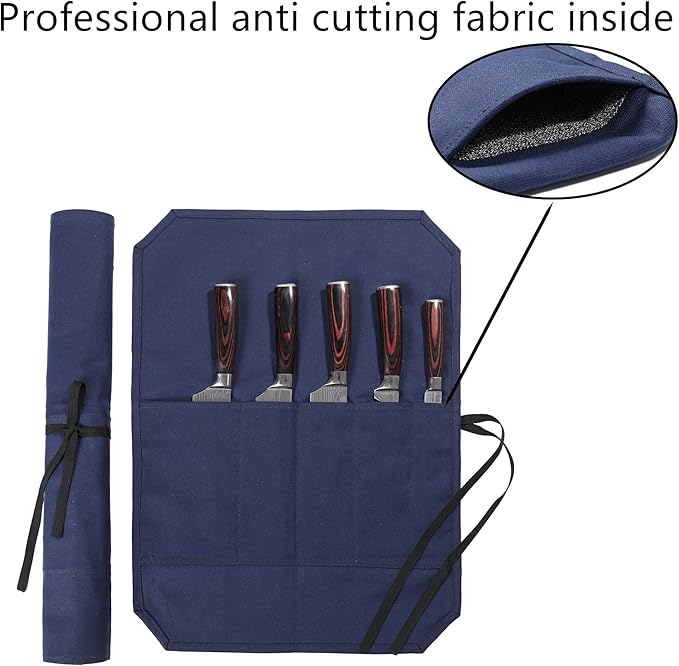 Chef's Knife Bag With 5 Slots, Wax Canvas Knife roll with Professional Anti Cutting Fabric Inside (Blue)