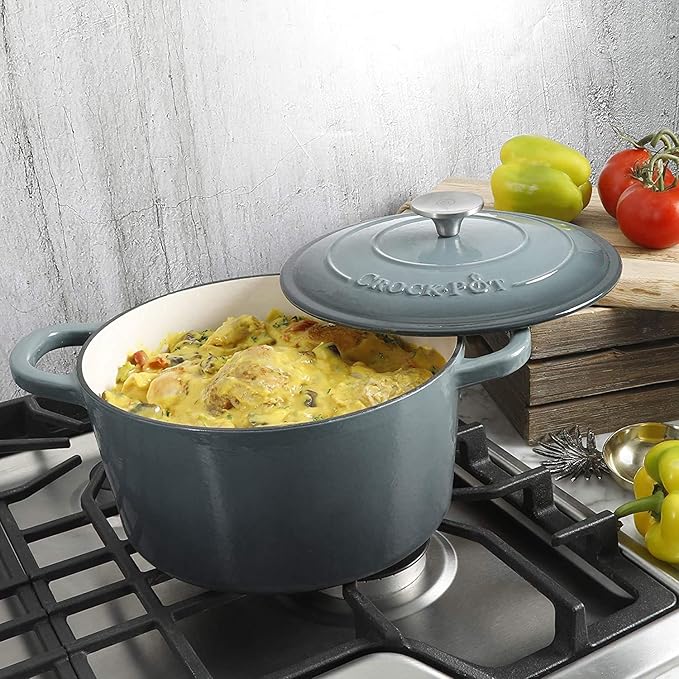 Crock-Pot Artisan 7-Quart Round Enameled Cast Iron Dutch Oven – Slate Gray, Heavy-Duty Cookware for Slow Cooking, Baking, Roasting with Lid