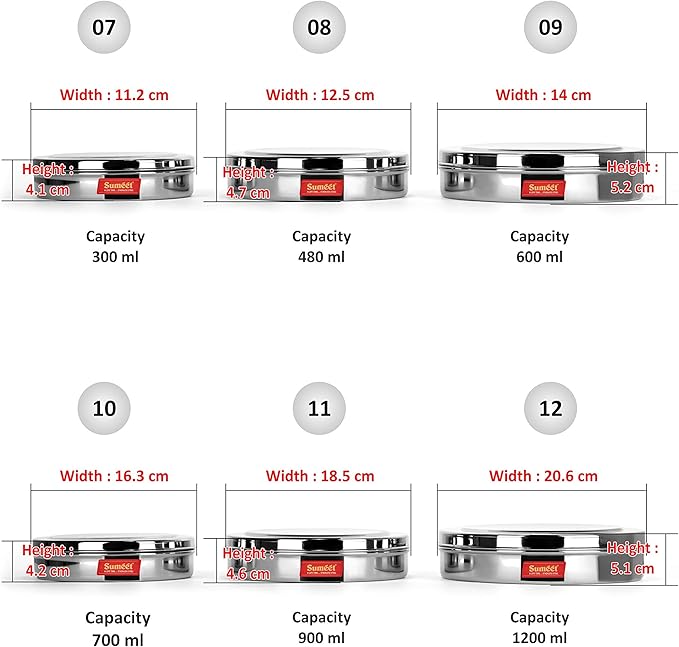 Sumeet Stainless Steel Chocolate Flat Slim N Sleek Canisters/Puri Dabba/Storage Containers Set of 6Pcs Full Set (No.7-300ML, No.8-480ML, No.9-600ML, No.10-700ML, No.11-900ML, No.12-1200ML)