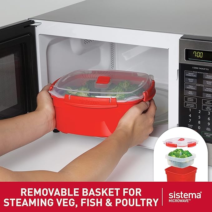 Sistema Microwave Food Steamer with Removable Steamer Basket | Large 3.2 L | Red/Clear
