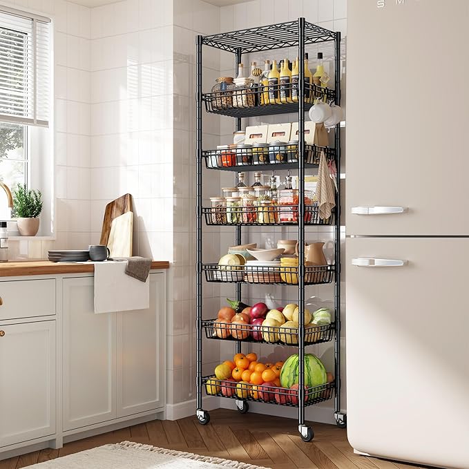 7 Tier Wire Shelving Unit with Wheels 72" H Adjustable Basket Shelf Storage Shelves with Hooks for Kitchen Bathroom Garage Closet Laundry Room Organization 72" H x 24" W x 14" D, Black