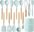 Country Kitchen Non Stick Silicone Utensil Set with Rounded Wood Handles for Cooking and Baking, 14 Piece Set, Mint