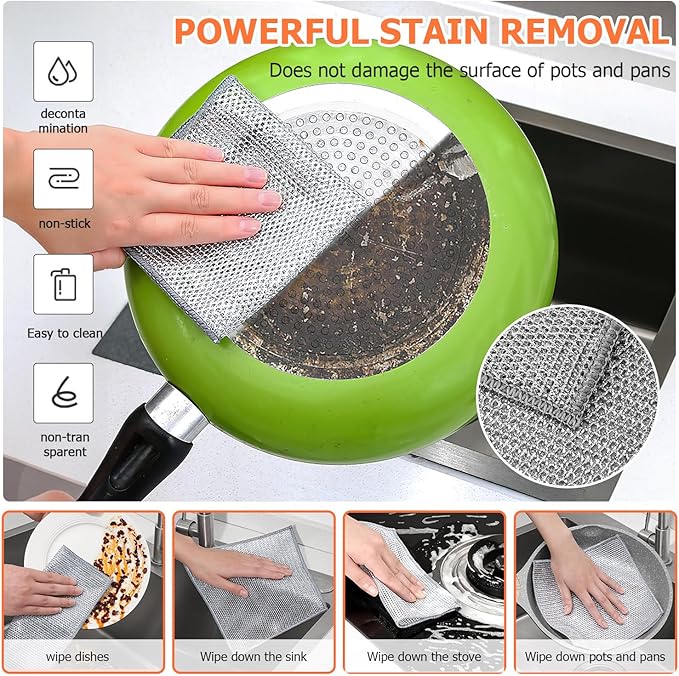 Cast Iron Scrubber with Bamboo Fiber Cloth and Pan Scraper, 316L Cast Iron Cleaner Set – Removes Stains, Protects Coatings, Safe for Dutch Oven, Skillets, Griddles(Orange)