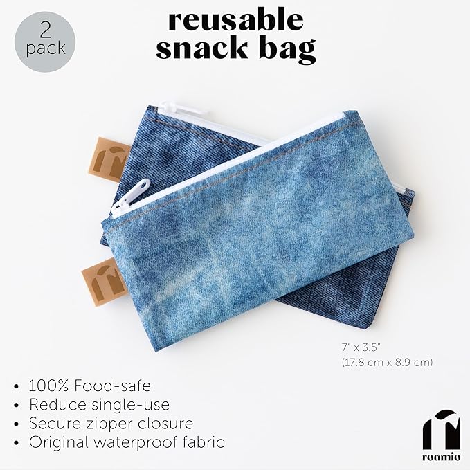 Roamio Reusable Snack Bags, for Kids School Lunch and for Adults Portion, Washable Fabric, Waterproof Cloth Zip Bag, Supplies Pack Travel Pouch, Food-Prep, Food-Safe Storage, 2-pk Faux Denim