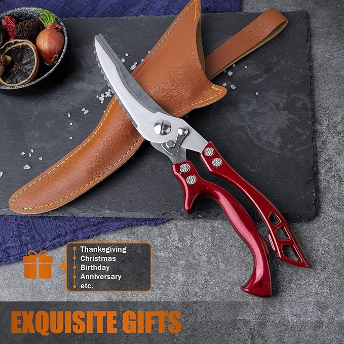 Poultry Shears, Red Heavy Duty Kitchen Shears with Serrated Edge, No Rust Spring Loaded, Multipurpose Stainless Steel Kitchen Scissors for Chicken Meat, Turkey, Fish, Christmas Gifts for Men Women