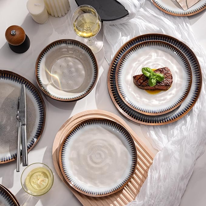 Melamine Dinnerware Set, 12 Pcs Dishware Sets, Plate and Bowl Set Service for 4, Lightweight and Unbreakable Dinnerware Sets for Camping, Great for RV, Dishwasher Safe, Sahara Beige and Blue