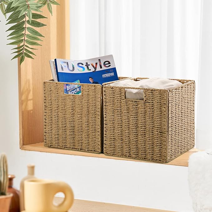 Vagusicc Wicker Baskets, Set of 2 Hand-Woven Storage Baskets for Shelves with Handles, Foldable Cube Wicker Storage Basket Bins Organizer 13 Inches Large Woven Baskets for Storage Organizing & Decor