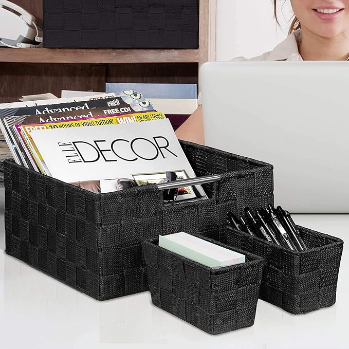 Sorbus Storage Baskets for Organizing (Set of 7), Mesh Hand-Woven Design, Linen Closet Organizers and Storage, Organizer Storage Baskets for Shelves, Variety Pack Organizers and Storage (Black)