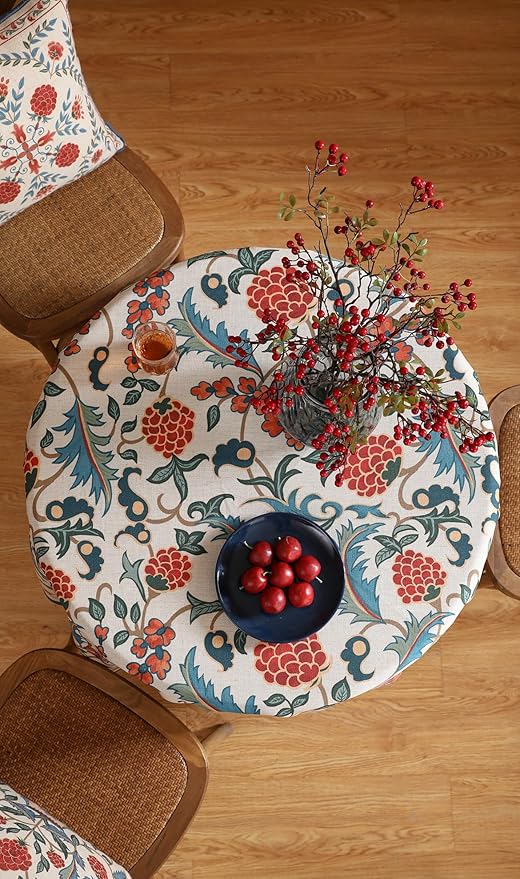 patdrea Designer Linen Round Table Cloth,Durable Breathable Floral Dacorative Tablecloth,Decor Tables Covers for Kitchen Dining,Tea Party,Holiday,Christmas,Thanksgiving,Diameter 55"-Puno