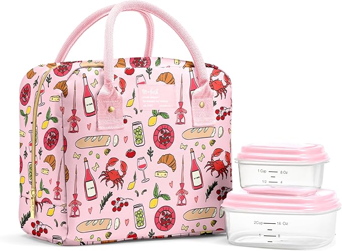 Fit & Fresh Bloomington Lunch Bag for Women - Insulated Large Lunch Box for Work with Containers, Leak-Resistant, Stain-Resistant, Zipper Closure, Pink Pasta Dinner