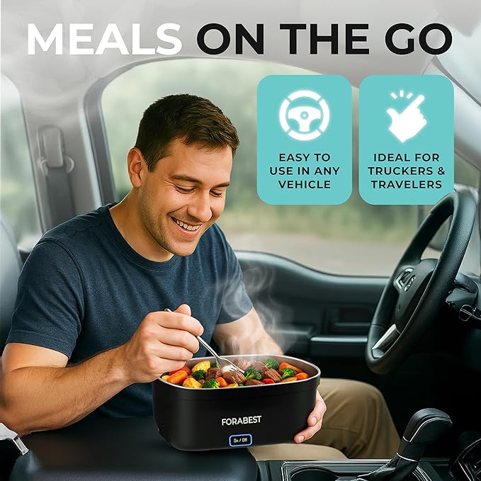 FORABEST Heated Lunch Box, 80W Electric Lunch Box for Adults, Portable Food Warmer with 1.5L Stainless Steel Container, Utensils & Carry Bag, On/Off Switch, 12V/24V Car/Truck & 110/120V Home/Office