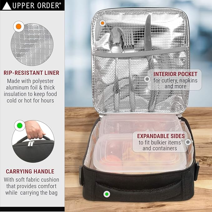Reusable Insulated Lunch Box for Men and Women (Black) Durable Leakproof Cooler Tote Bag Freezable Lunch Bag for Adults. Top Women and Mens Lunch Box for Office Work, Picnic