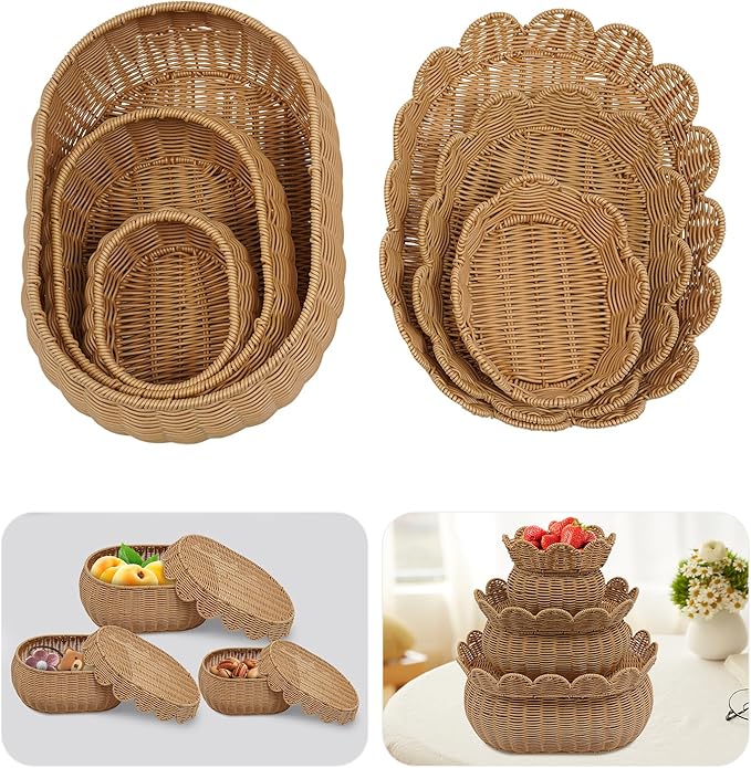 3 Pcs Wicker Storage Baskets with Lid Hand Woven Plastic Wicker Set Round Scalloped Organizer Box Natural Woven Storage Bins for Picnic,Bread,Eggs,Fruits