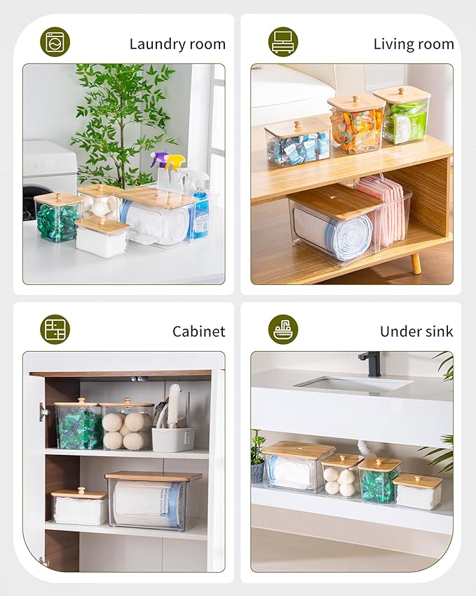 Trash Bag Dispenser Dryer Sheet Holder - 5 in 1 Plastic Garbage Bag Pantry Organizers and Storage, Clear Dishwasher Laundry Pods Container with Bamboo Lid, Under Sink Organizer Powder Detergent Jars