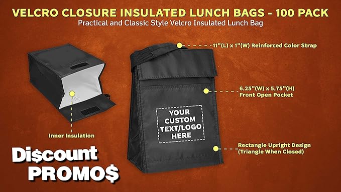 DISCOUNT PROMOS 100 Hook and Loop Insulated Lunch Bags Set - Customizable Text, Logo - Polyester, Durable, Vibrant, Reusable - Black