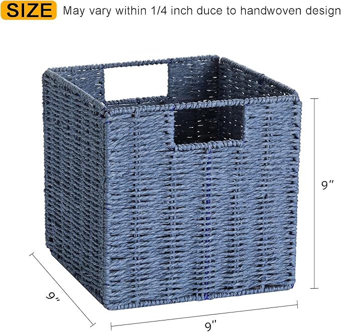 Vagusicc Wicker Basket, Set of 2 Hand-Woven Paper Rope Storage Baskets for Organizing, Foldable Cubby Storage Bins, 9 Inch Small Wicker Storage Basket, Square Baskets Cube Storage Organizer Bins, Blue