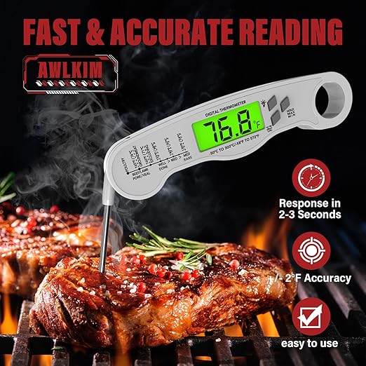 Meat Thermometer Digital - Fast Instant Read Food Thermometer for Cooking, Candy Making, Outside Grill, IP67 Waterproof Kitchen Thermometer with Backlight, Stocking Stuffers for Men - White