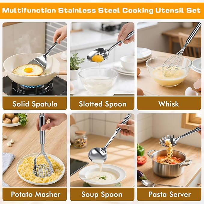 8 Pcs Cooking Utensils Set, Stainless Steel Kitchen Utensils, Heat Resistant Metal Kitchen Tools Include Solid & Slotted Spatula, Serving Spoon, Ladle, Pasta Server,Potato Maseher, Egg Whisk, Silver