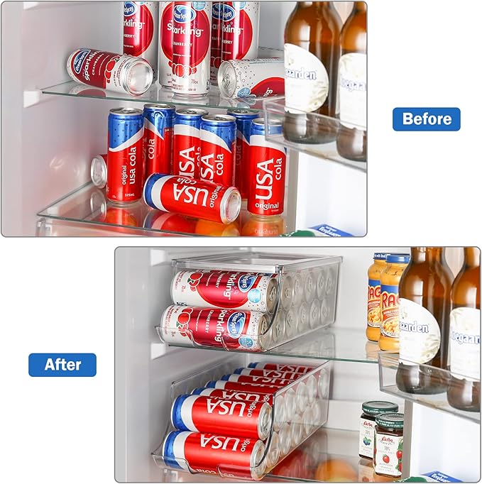Puricon 2 Pack Soda Can Organizer Dispenser for Refrigerator, Plastic Canned Food Pop Beverage Container Holder Storage Bin with Lid for Freezer Rack Pantry Cabinet Cupboard Kitchen -Skinny