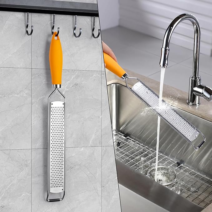 Rainspire Zester Grater with Handle, Lemon Zester Cheese Grater for Kitchen Stainless Steel, Parmesan Cheese Garlic Nutmeg Chocolate Fruits Vegetables Ginger Grater, Fine (Orange)