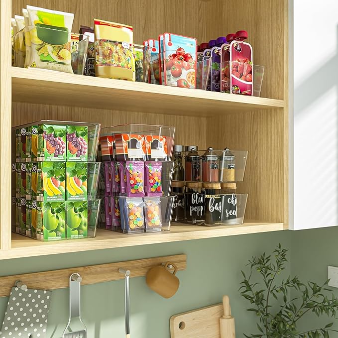 BALEINE Pantry Organizers and Storage Bins, Plastic Clear Storage Bins with 3 Removable Dividers, BPA-Free Fridge Organizers for Kitchen Cabinet Bathroom (10.5x6.1x3.5, 6PK)