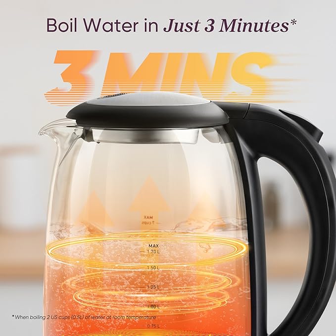 Cosori Electric Kettle, No Plastic Filter & Spout, 1.8Qt Tea Kettle & Hot Water Boiler For Coffee & Tea, Water Heater & Teapot, Automatic Shut Off, Borosilicate glass, Black, 1500W