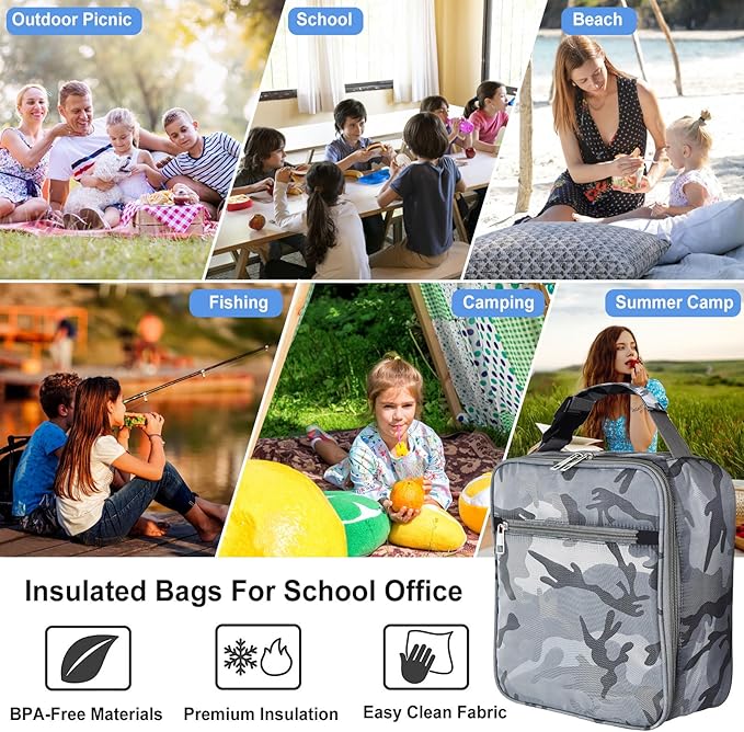 Insulated Lunch Bag, Leakproof Portable Lunch Box for Women Men Boys Girls, Large Capacity Cooler Bag for Office School Camping Hiking Outdoor Beach Picnic (Camo Grey)