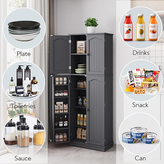 Yusong 64'' Grey Kitchen Storage Cabinet, Tall Pantry Cabinet with Doors and Shelves, 17 Cubic Feet, Freestanding for Kitchen, Dining, Living Room